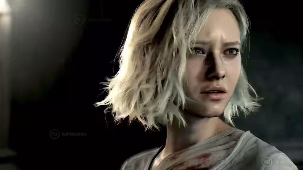 Personaje femenino con cabello rubio corto y ojos azul verdoso vistiendo una camiseta gris en Resident Evil Requiem - 02 sobre fondo oscuro.