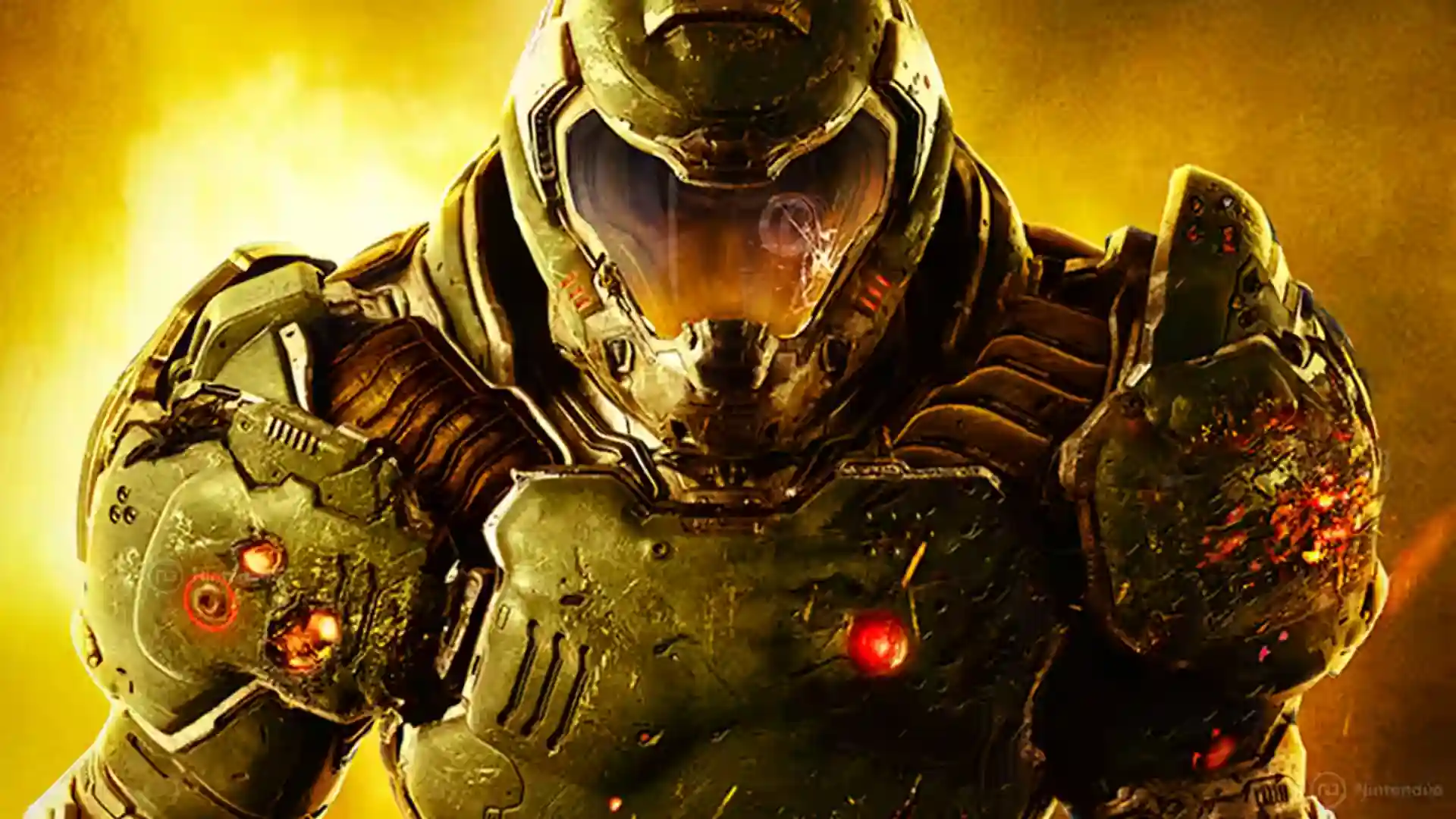 El Doom Slayer en primer plano con su armadura verde y visera reflejante en DOOM (2016) para Nintendo Switch 2.