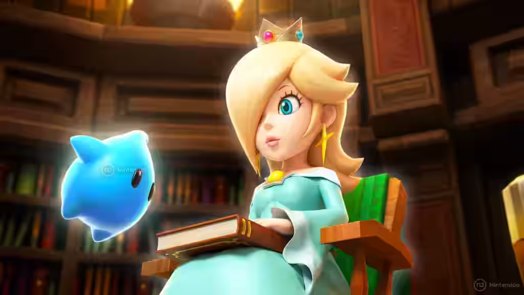 Estela de Super Mario Galaxy sentada con un libro y un pequeño Destello azul a su lado, relacionado con el Libro de Estela de Nintendo.