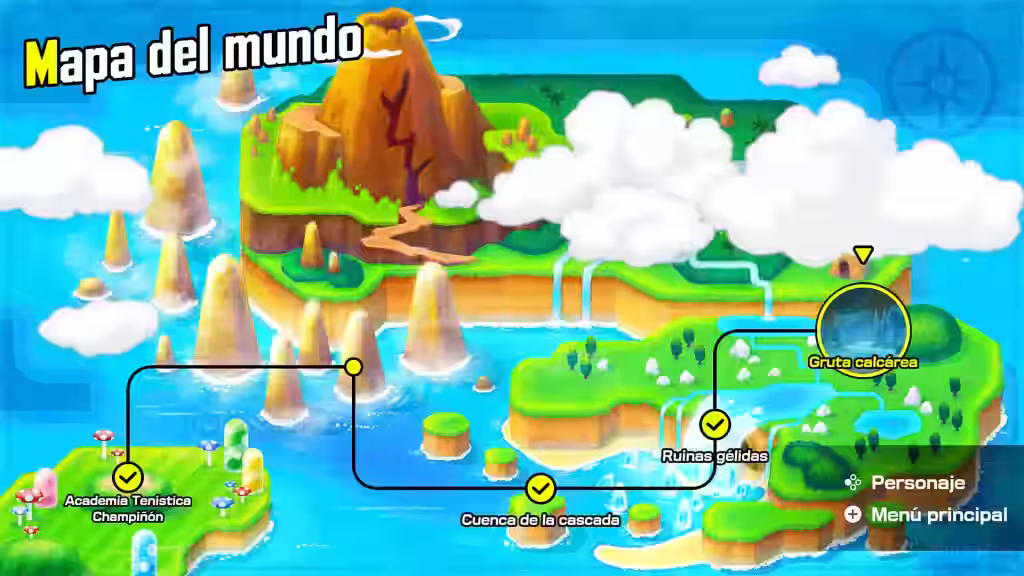 Mapa del mundo en el modo historia de Mario Tennis Fever mostrando Academia Tenística Champion y otras ubicaciones