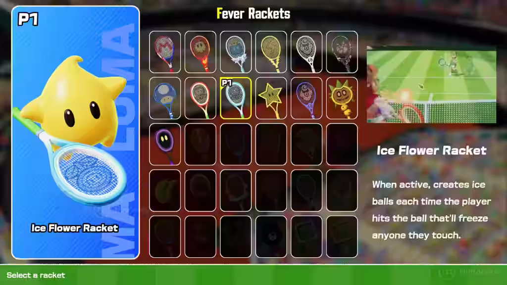 Menú de selección de raquetas Fever en Mario Tennis Fever mostrando la Ice Flower Racket con Luma