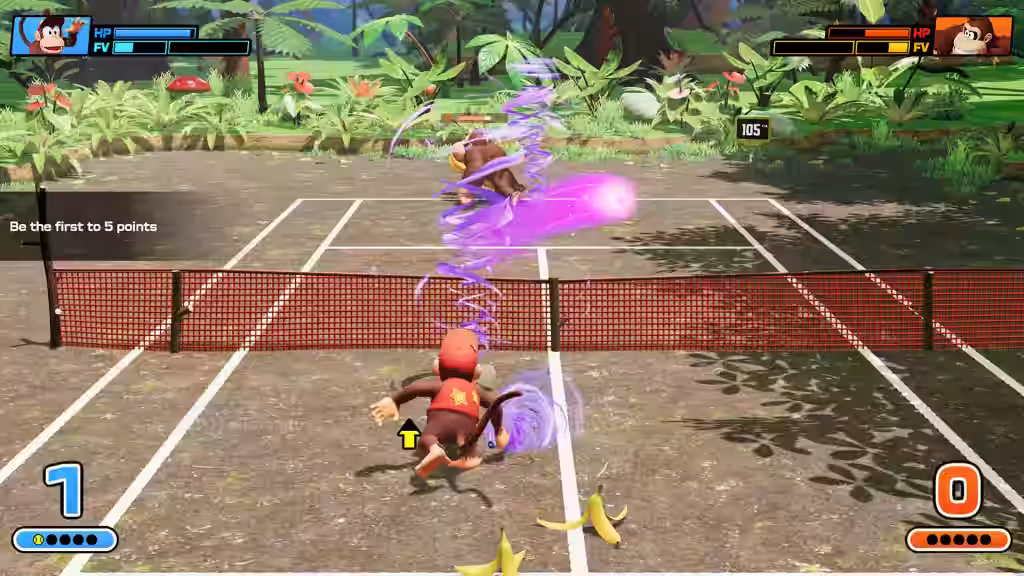 Momento de juego en Mario Tennis Fever mostrando efectos especiales morados durante un golpe en cancha de tierra batida