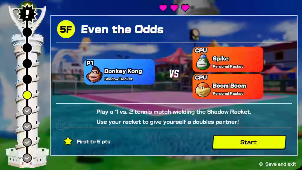 Pantalla del modo Even the Odds con Donkey Kong enfrentando a Spike y Boom Boom en Mario Tennis Fever