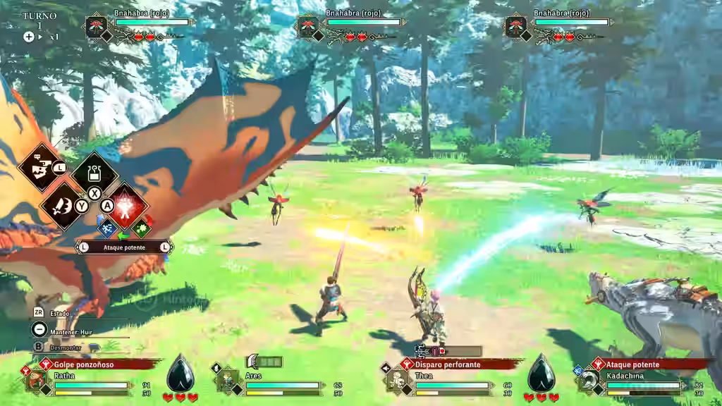 Combate cooperativo multijugador contra un monstruo naranja grande con barras de vida y aliados en Monster Hunter Stories 3