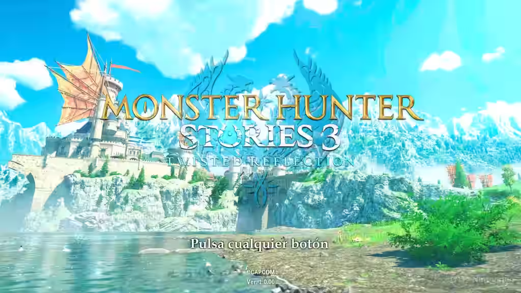 Pantalla de inicio de Monster Hunter Stories 3 con el logo del juego sobre un paisaje fantástico de montañas nevadas y un lago