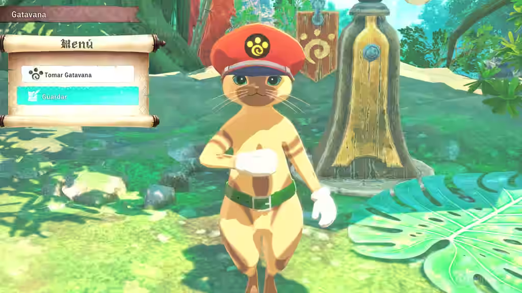 Un Palico con boina roja junto a un tótem en el asentamiento de Gatavania, dentro de Monster Hunter Stories 3.