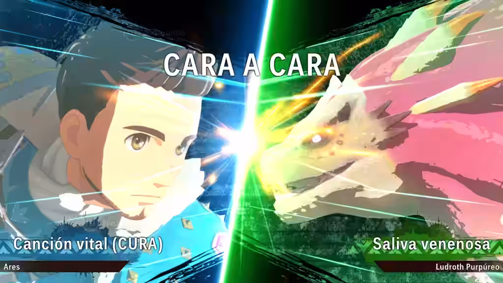 Cara a cara entre Ares usando Canción vital (cura) y Ludroth Purpureo lanzando saliva venenosa en Monster Hunter Stories 3.
