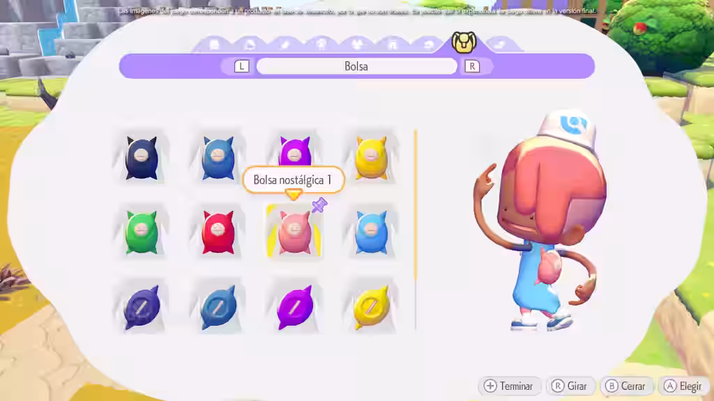 Ditto transformado junto al menú de selección de bolsas nostálgicas en Pokémon Pokopia para Nintendo Switch 2