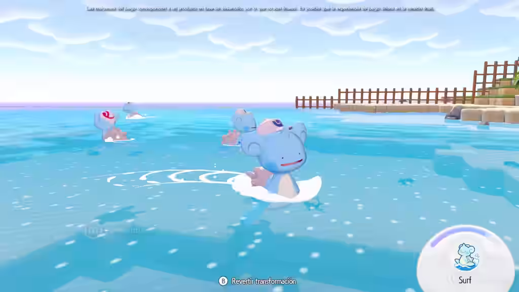Ditto transformado surfeando sobre las olas del océano en Pokémon Pokopia para Nintendo Switch 2