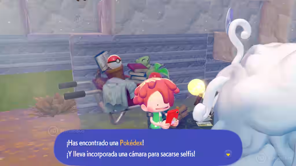 Ditto transformado en niño mostrando la pokedex