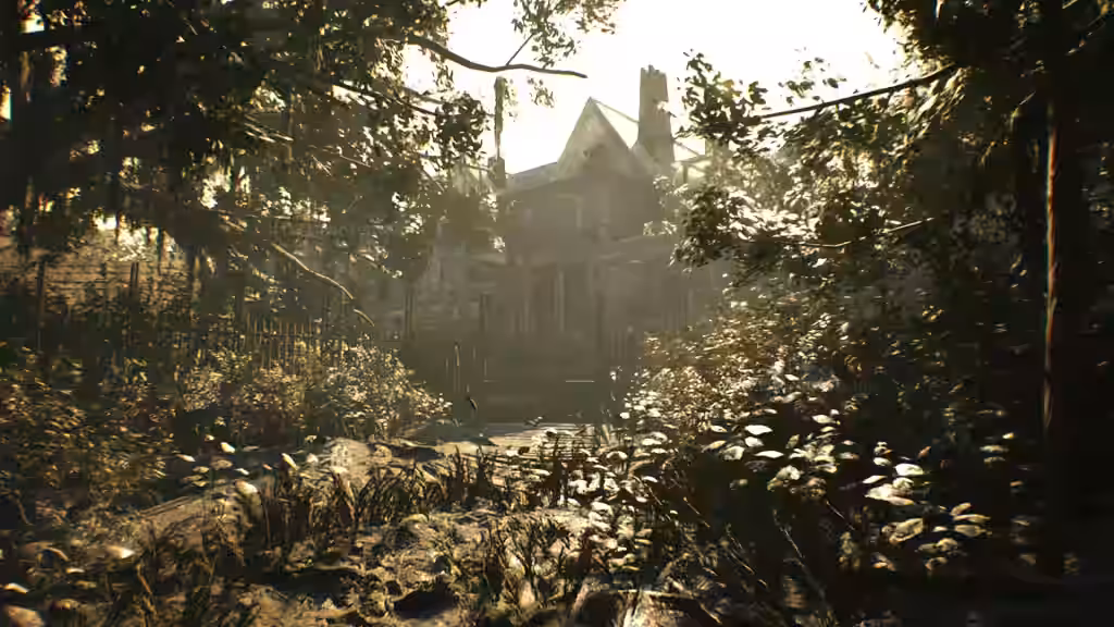 Entrada de la mansión Baker entre árboles y maleza en Resident Evil 7: Biohazard para Nintendo Switch 2.