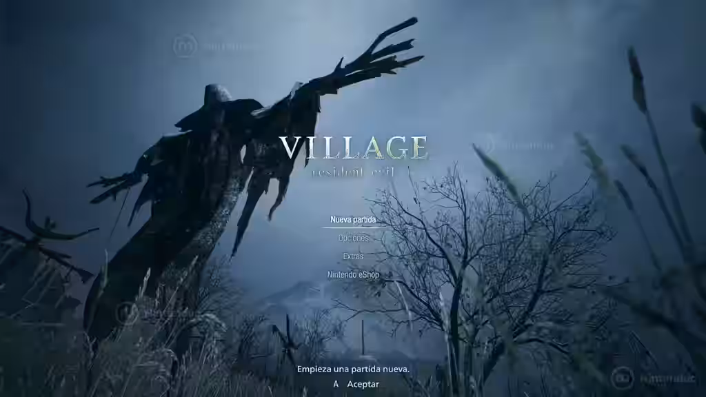 Pantalla de inicio de Resident Evil Village (Resident Evil 8) con el logo Village sobre un paisaje nevado y una figura oscura con alas.