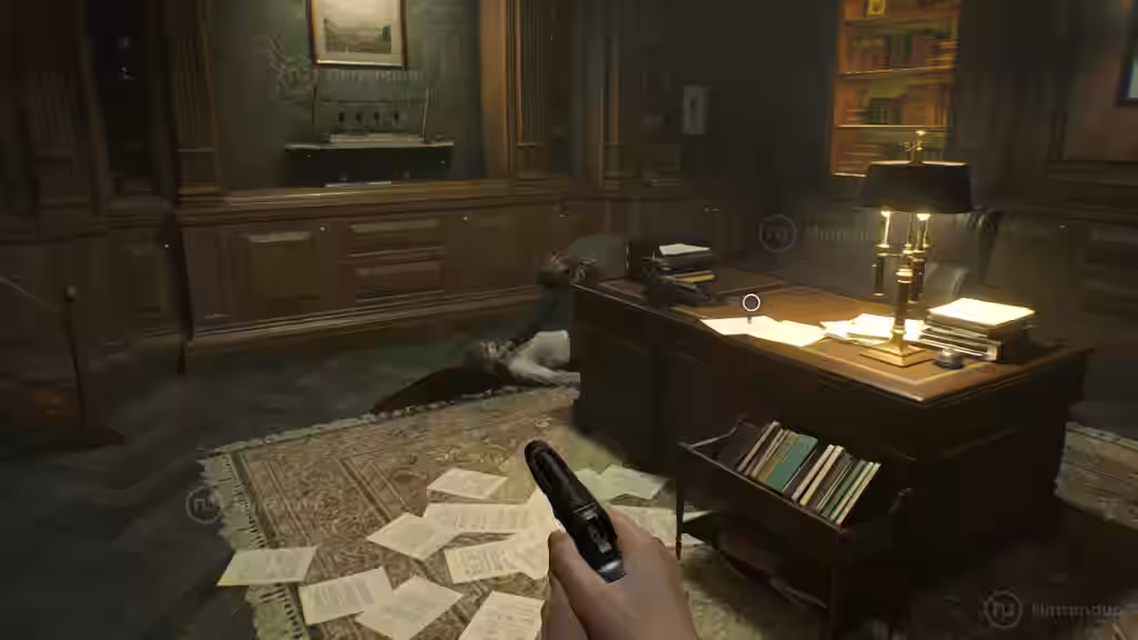 Vista en primera persona con pistola en una biblioteca con un cadáver en el suelo iluminado por una lámpara en Resident Evil Requiem para Nintendo Switch 2.