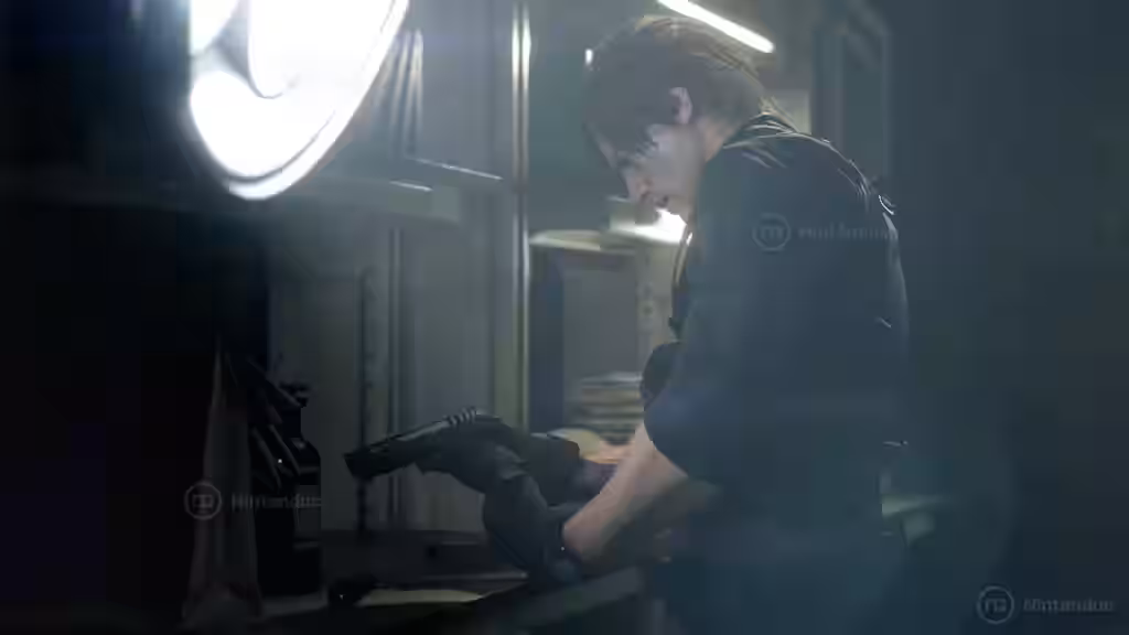 Leon S. Kennedy revisa su pistola junto a unas estanterías iluminadas con un letrero de neón en Resident Evil Requiem para Nintendo Switch 2.