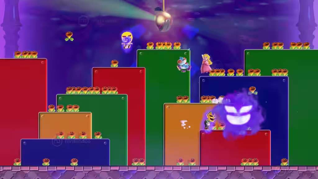 Peach, Wario y otros personajes en nivel nocturno de Super Mario Bros Wonder para Nintendo Switch 2 con plataformas de colores y fantasma morado