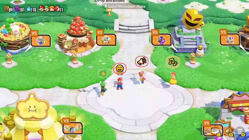 Mapa multijugador cooperativo de Super Mario Bros Wonder para Nintendo Switch 2 mostrando atracciones y personajes en plaza local