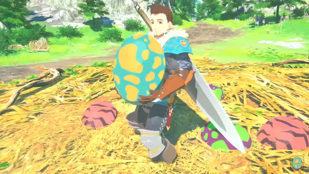 Protagonista de Monster Hunter Stories 3 sosteniendo un gran huevo azul y amarillo en un nido con otros huevos.
