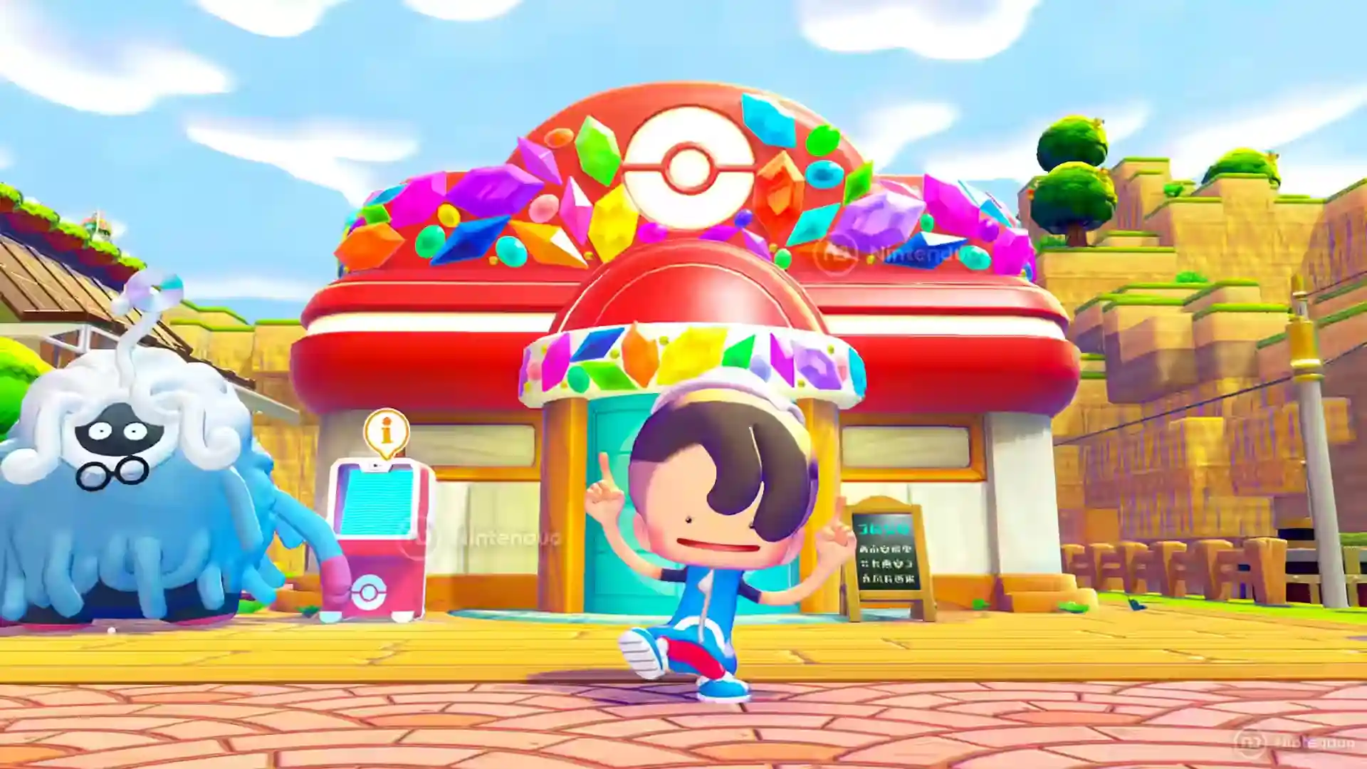 Avatar en Pokémon Pokopia frente a una tienda con Poké Ball gigante durante el evento especial de Sableye.