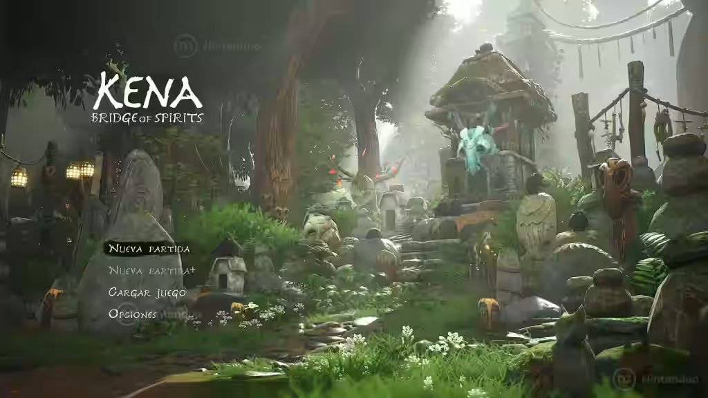 Pantalla de inicio con el logo y el menú principal de Kena: Bridge of Spirits para Nintendo Switch 2, sobre un santuario forestal iluminado.