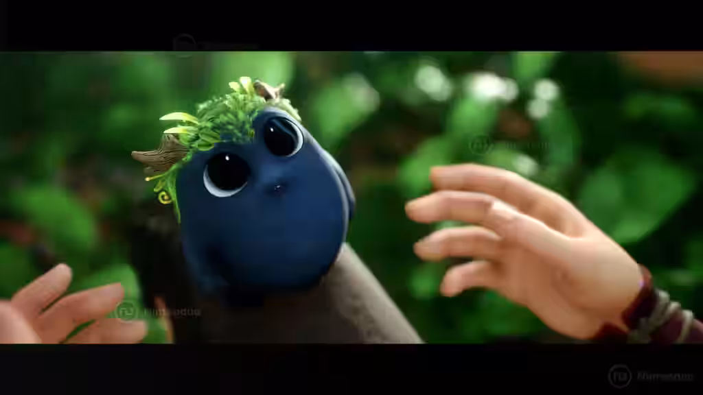 Un Rot azul con brotes verdes recibe las manos de Kena en Kena: Bridge of Spirits para Nintendo Switch 2.