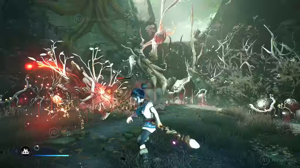 Kena se prepara para combatir la corrupción roja entre raíces espirituales en Kena: Bridge of Spirits para Nintendo Switch 2.