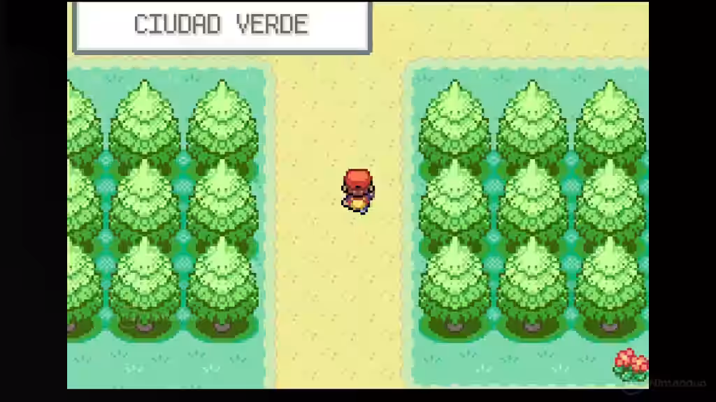Entrenador caminando hacia Ciudad Verde por un sendero entre árboles en Pokémon Rojo Fuego.