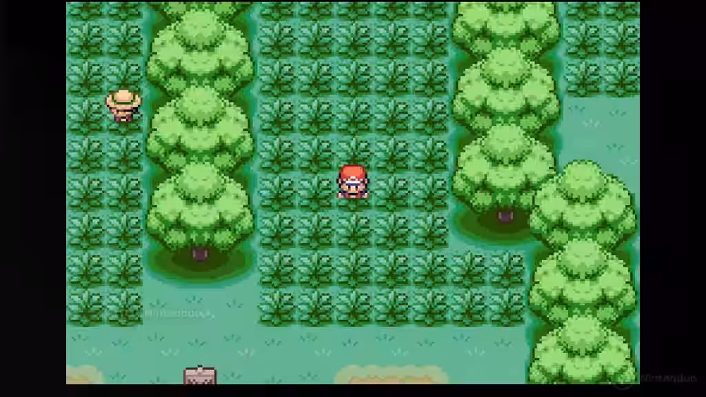 Entrenador caminando entre hierba alta en el bosque junto a otro entrenador en Pokémon Rojo Fuego.