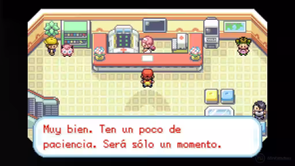 Entrenador en el Centro Pokémon con la enfermera curando a su equipo en Pokémon Rojo Fuego.