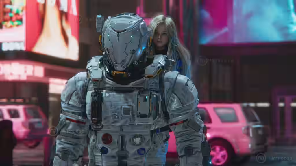 Hugh con casco y exotraje, con Diana detrás, en una calle llena de neones y coches en Pragmata demo exclusiva para prensa en PS5 Pro.