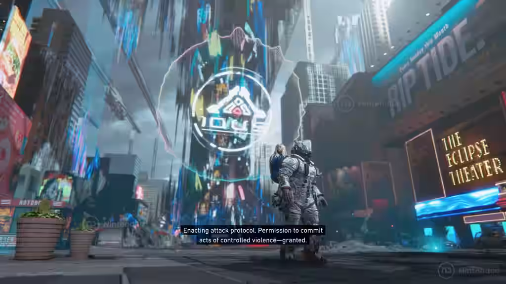 Hugh camina por una ciudad futurista con señales holográficas distorsionadas y un gran logo flotante en Pragmata demo exclusiva para prensa en PS5 Pro.