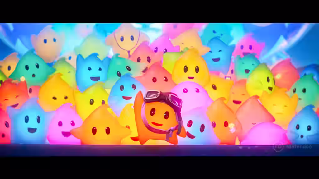 Grupo de Lumas brillantes con un Luma con gafas en Super Mario Galaxy La Película.