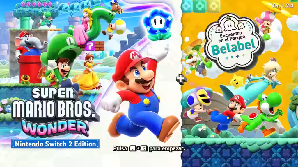 Pantalla de inicio con Mario, Luigi, Peach y Daisy en Super Mario Bros. Wonder Nintendo Switch 2 Edition junto al evento Encuentro en el Parque Belabel.