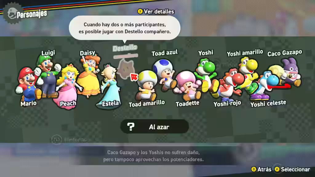Pantalla de selección de personajes de Super Mario Bros. Wonder con Luigi, Peach, Daisy, Estela, Toads, Yoshis y Caco Gazapo.