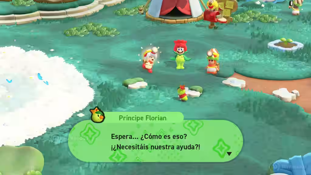 Príncipe Florian ofrece ayuda a los jugadores en el mapa de Super Mario Bros. Wonder.