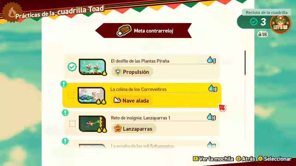 Menú de prácticas de la cuadrilla Toad con misiones contrarreloj en Super Mario Bros. Wonder.