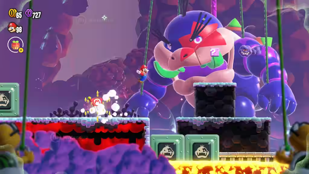 Mario y compañía cruzan plataformas con lava mientras Morton acecha en Super Mario Bros. Wonder.