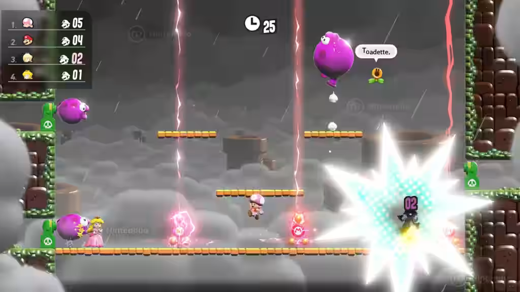Toadette y otros jugadores esquivan rayos en plataformas flotantes en Super Mario Bros. Wonder.