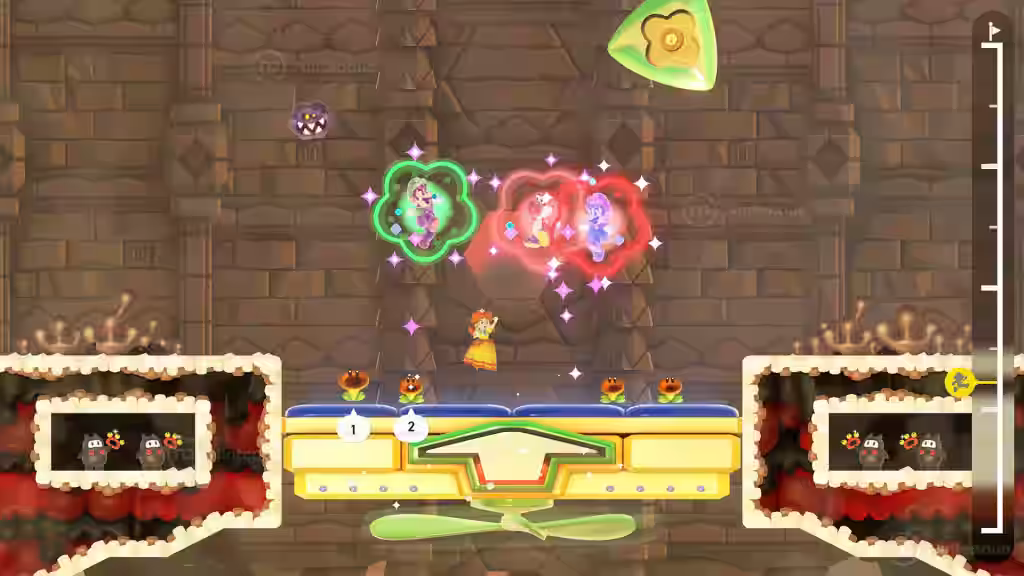 Mario y Luigi flotan en burbujas de colores sobre una plataforma en Super Mario Bros. Wonder