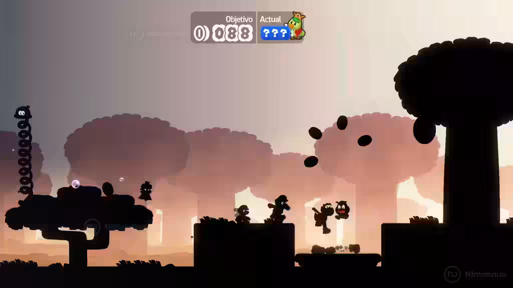 Nivel de siluetas al atardecer con árboles y enemigos en Super Mario Bros. Wonder