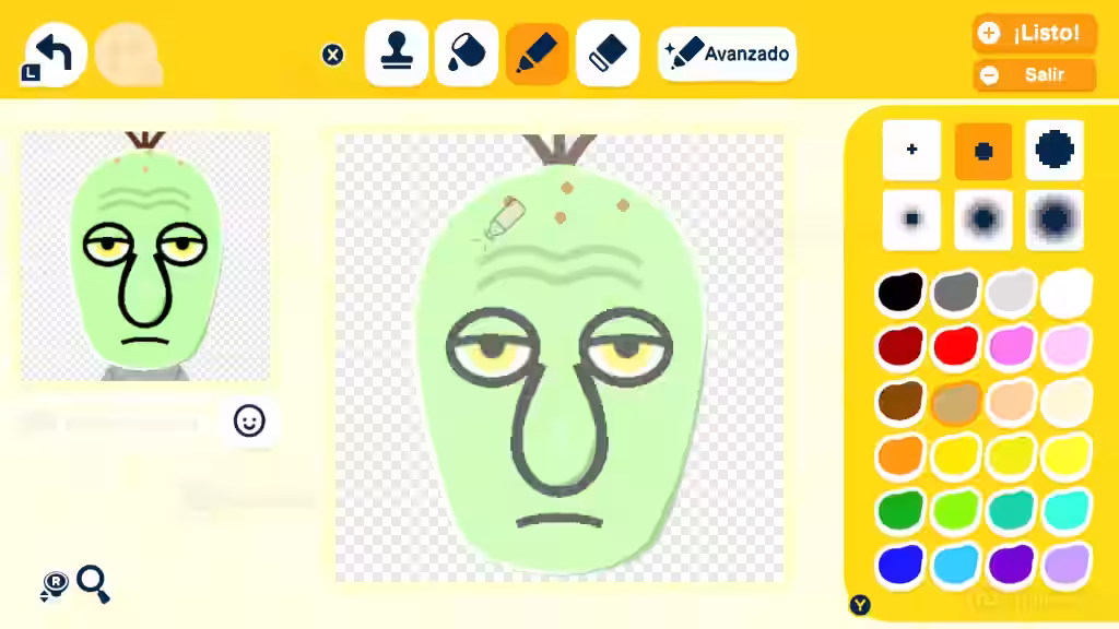 Editor avanzado de Tomodachi Life para Nintendo Switch permite cambiar el color de piel del Mii de Calamardo usando una paleta de colores.