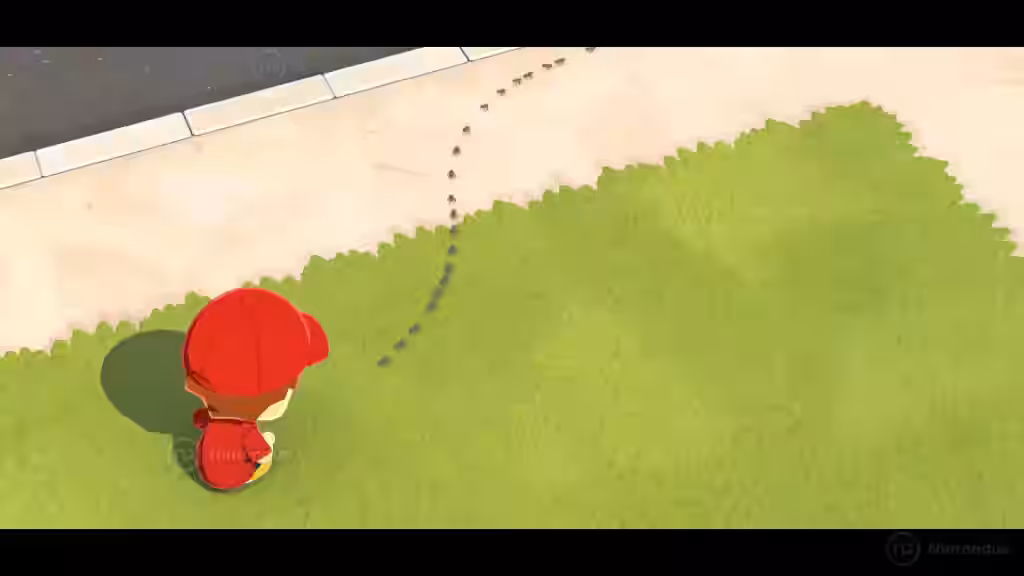 Vista cenital de un Mii con gorra roja en Tomodachi Life para Nintendo Switch observando una fila de hormigas cruzar el césped.
