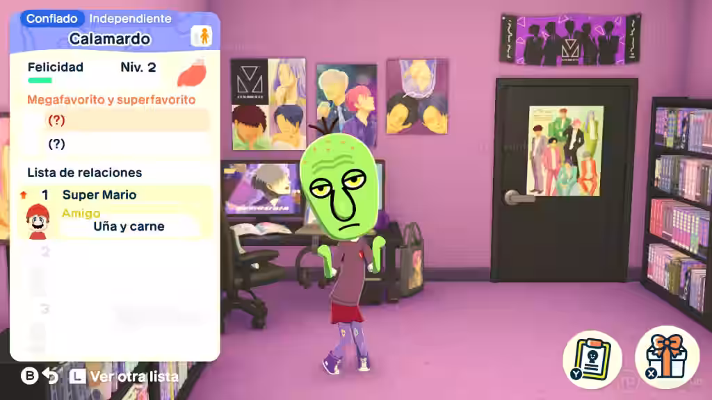 Calamardo Tentáculos en Tomodachi Life para Nintendo Switch aparece en su habitación mientras la lista de relaciones lo muestra como uña y carne con Super Mario.