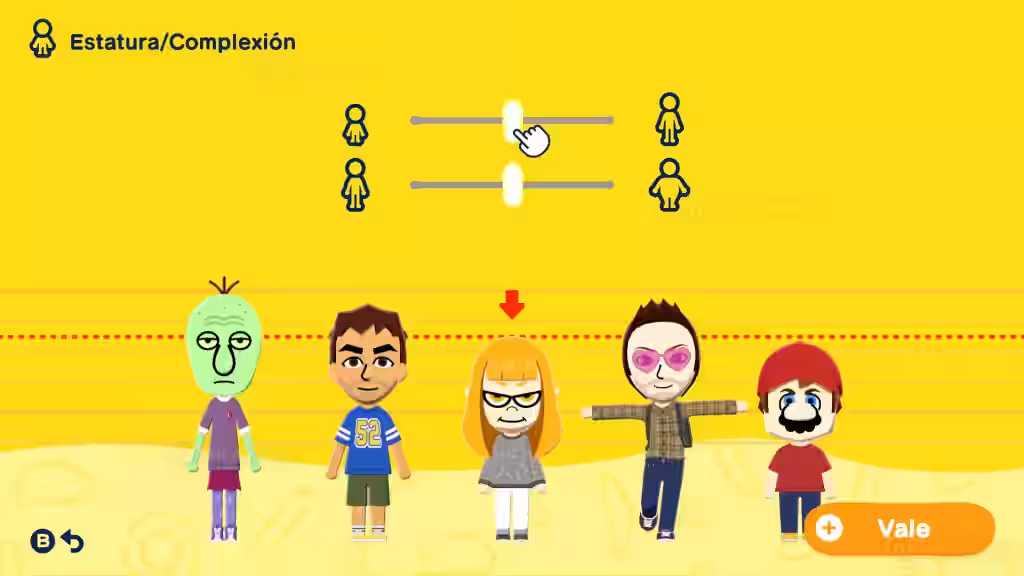 Menú de Tomodachi Life para Nintendo Switch ajustando estatura y complexión de Miis con controles deslizantes y personajes alineados.