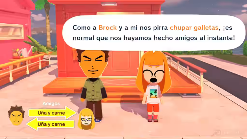 Brock y una Mii en Tomodachi Life para Nintendo Switch se hacen amigos hablando de galletas.