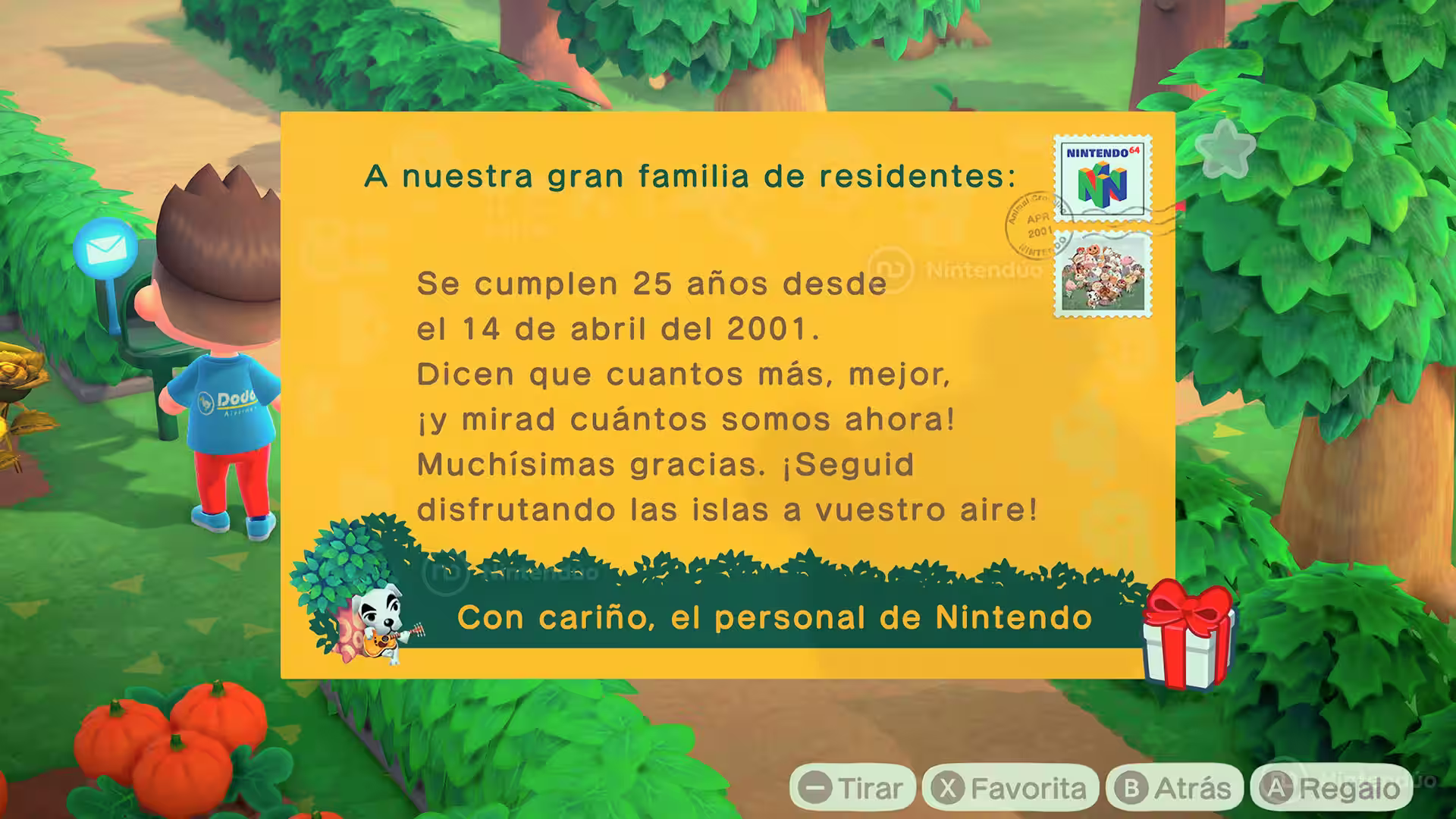 Carta del personal de Nintendo en Animal Crossing: New Horizons anunciando el 25 aniversario (14 de abril de 2001) y un regalo especial.