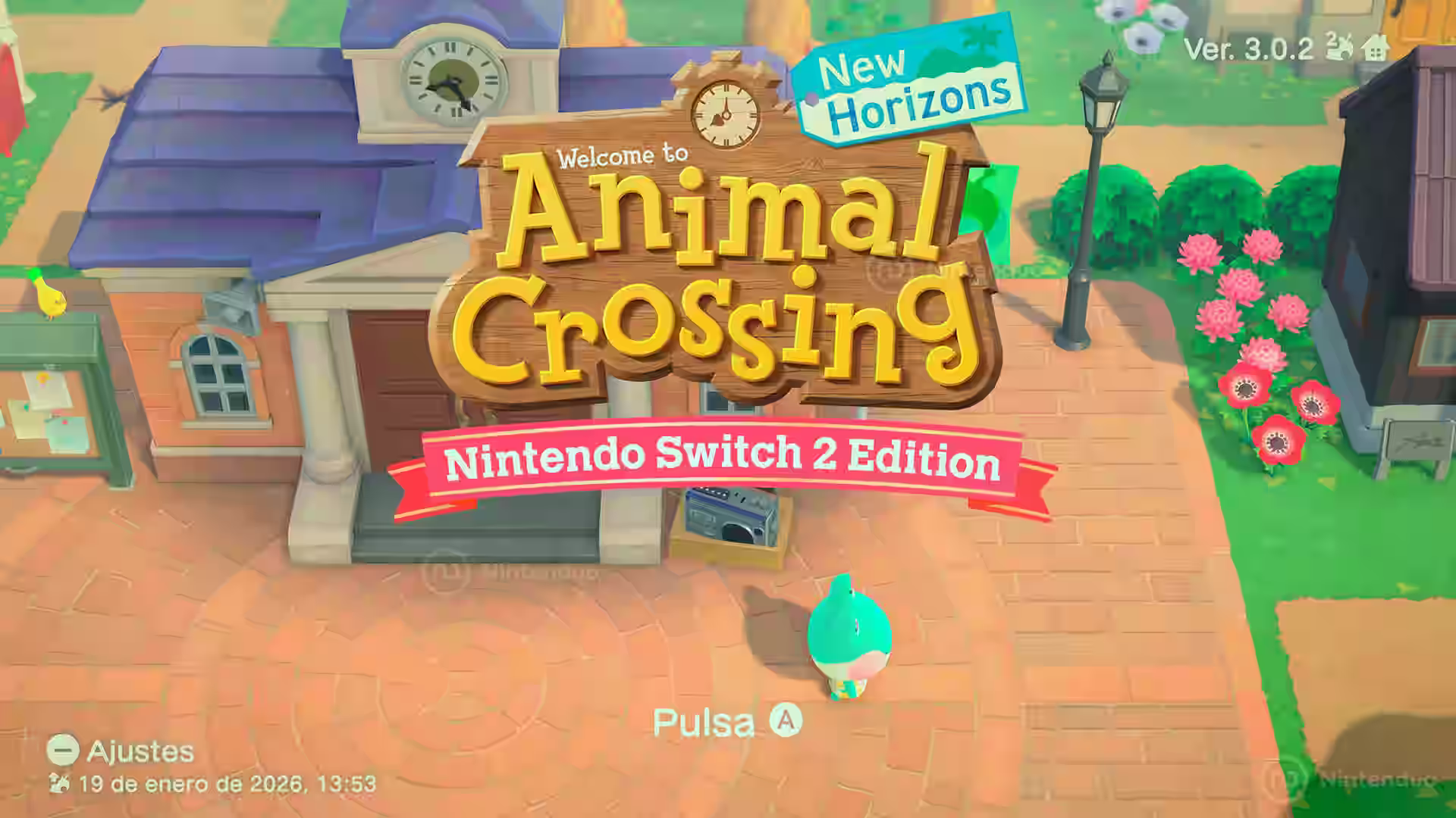 Pantalla de inicio de Animal Crossing: New Horizons en la actualización 3.0.2 con la plaza del ayuntamiento por el 25 aniversario.