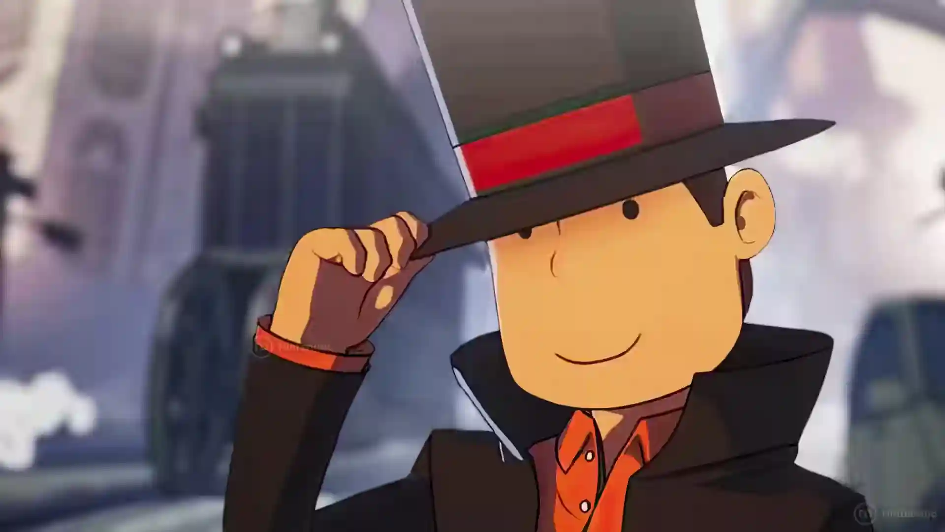 El Profesor Layton en El profesor Layton en el Nuevo Mundo a Vapor, posando en un escenario steampunk