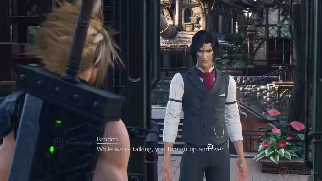 Cloud frente al personaje Broden durante una escena de diálogo en una ciudad de Final Fantasy VII Rebirth en Nintendo Switch 2.