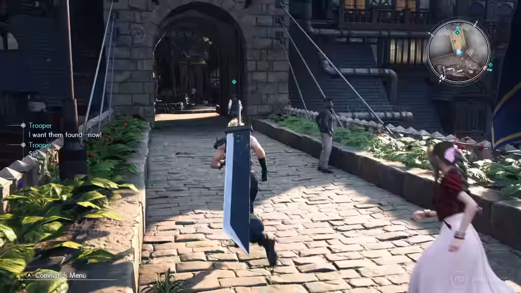 Aerith explorando una zona urbana con ruinas arquitectónicas en Final Fantasy VII Rebirth para Nintendo Switch 2.