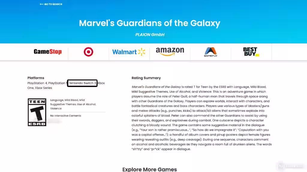 Calificación ESRB Marvel's Guardians of the Galaxy Nintendo Switch 2